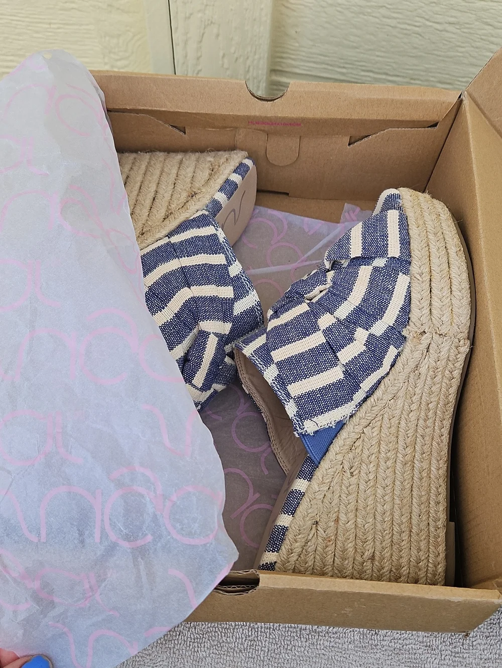 Sugar Blue Striped Wedge Espadrille Slide - Women